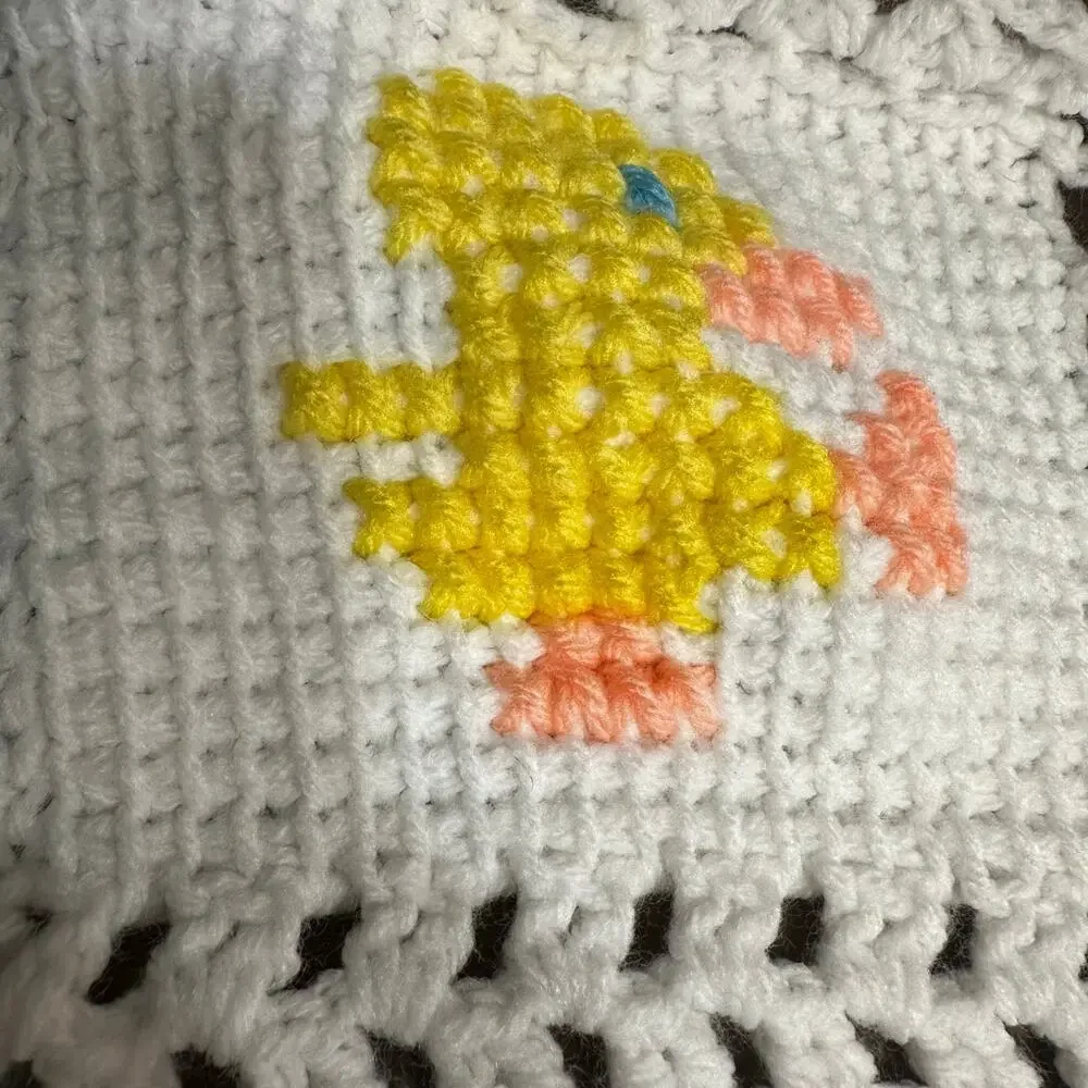 Vintage Hand Knit Quilt Crochet Afghan 36” x 36” Baby Blanket Animals Nursery